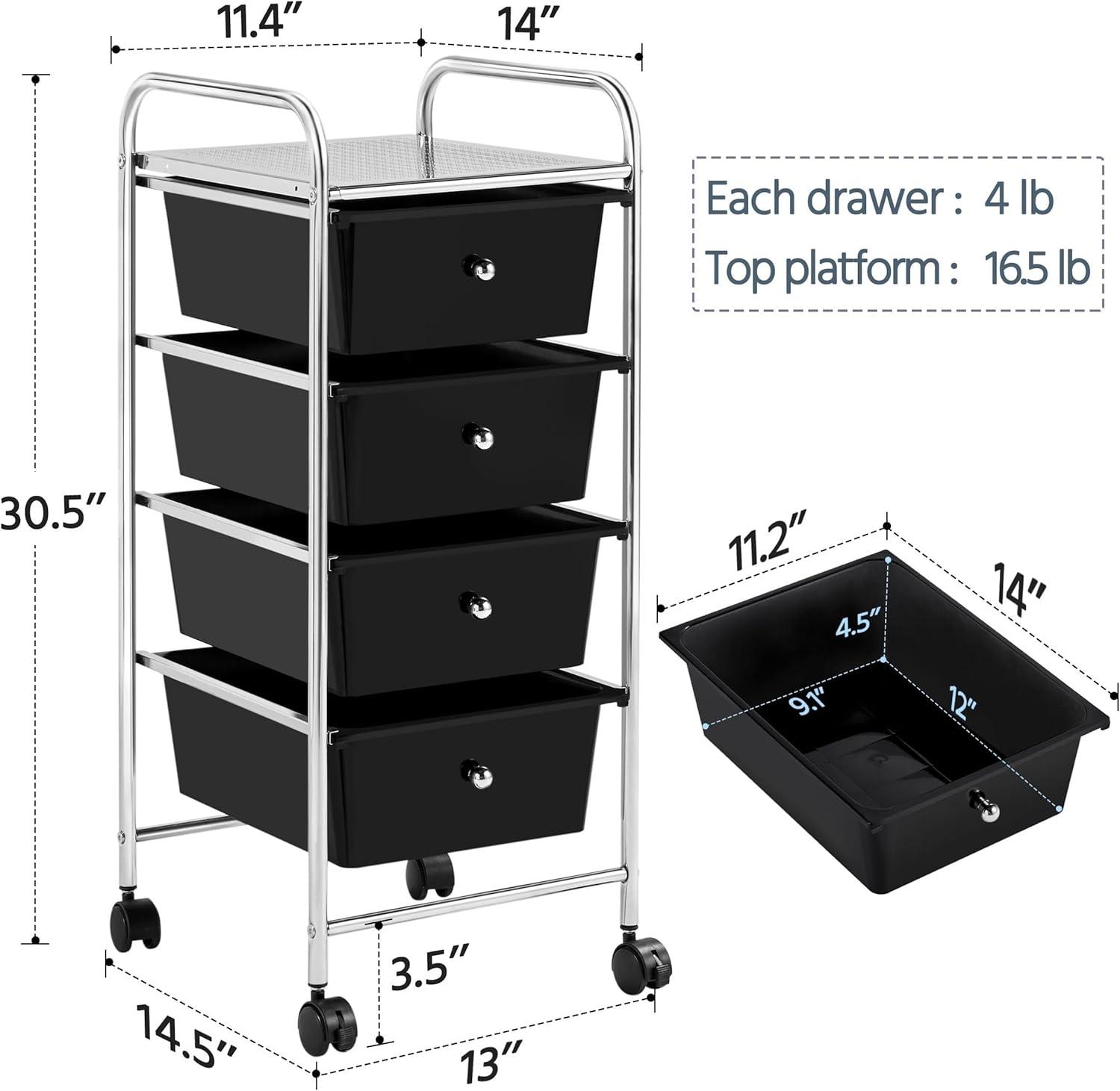 Yaheetech 4 Drawers Rolling Storage Cart Metal Frame Plastic Drawers for Office Home Study,Black