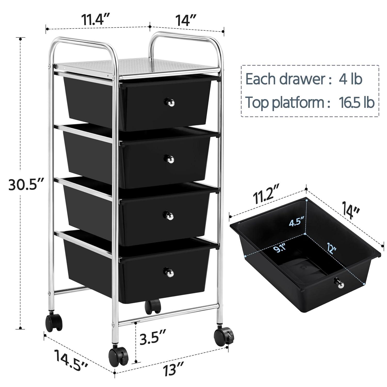 Yaheetech 4 Drawers Rolling Storage Cart Metal Frame Plastic Drawers for Office Home Study,Black