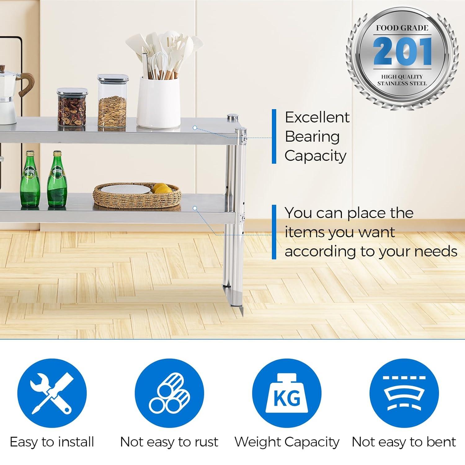 STRELECT 12"x48" Stainless Steel Overshelf for Prep & Work Table, NSF Commercial Adjustable Double Deck Overshelf 2 Tier for Restaurant, Bar, Utility Room, Kitchen and Garage
