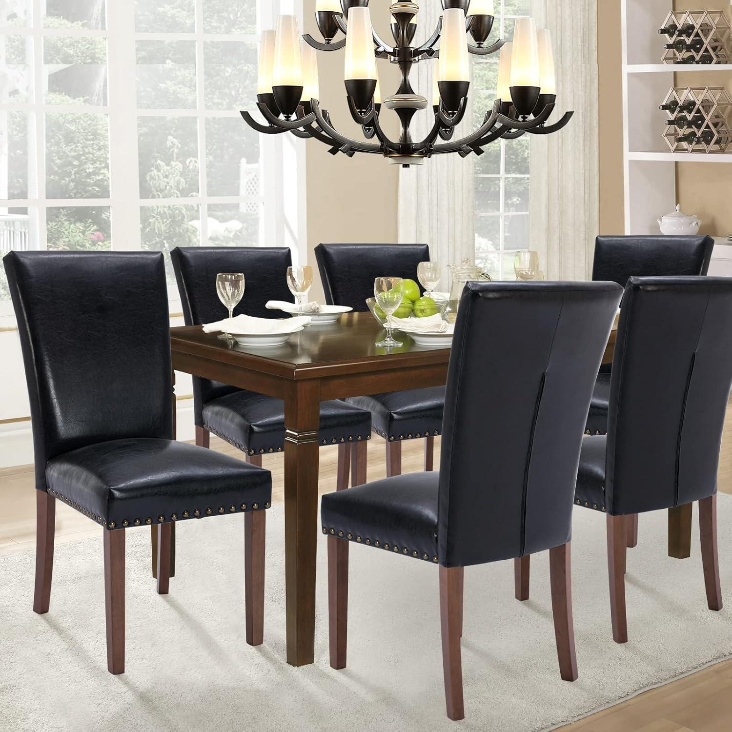 Colamy Black Upholstered Wood Legs Parsons Leather Dining Chairs with Nail head Trim Set of 2 for Dining Room