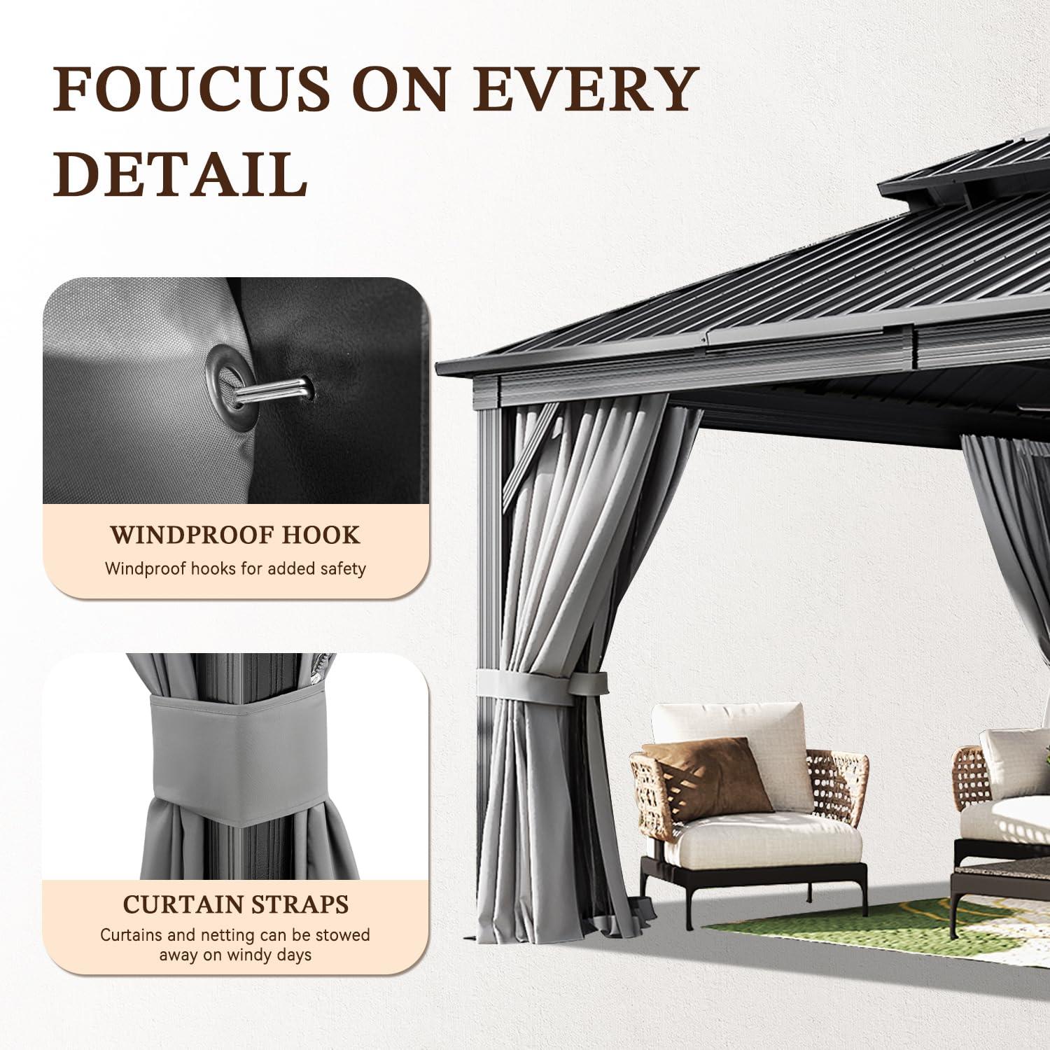 Kozyard Kozyard Alexander Gray Double Roof Hardtop Gazebo with Privacy Curtain Mosquito Netting