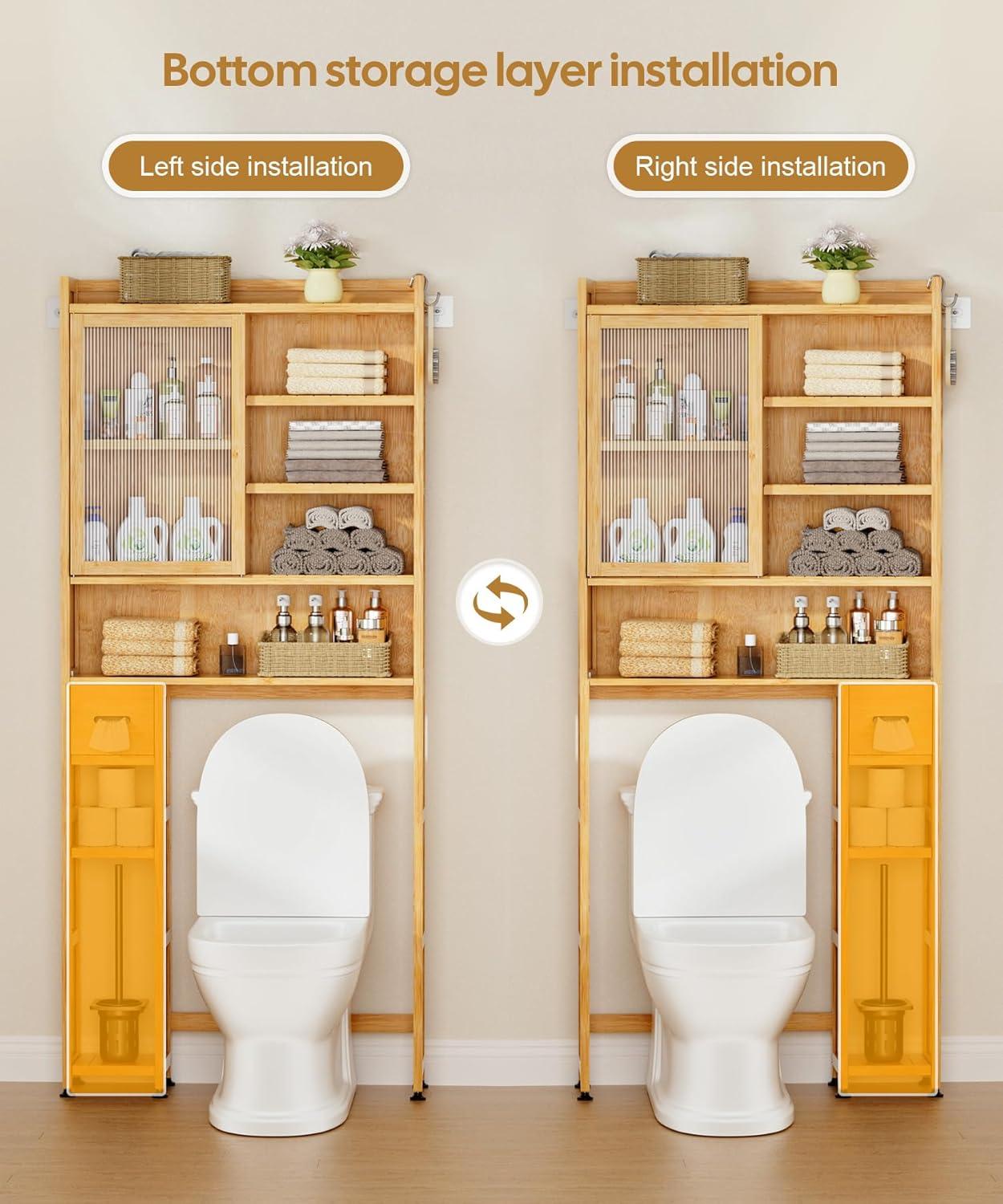 Latitude Run® Over The Toilet Storage Cabinet With Acrylic Door Panel And Paper Towel Drawer, Bamboo Space Saver Shelf, Bathroom Organizer Rack