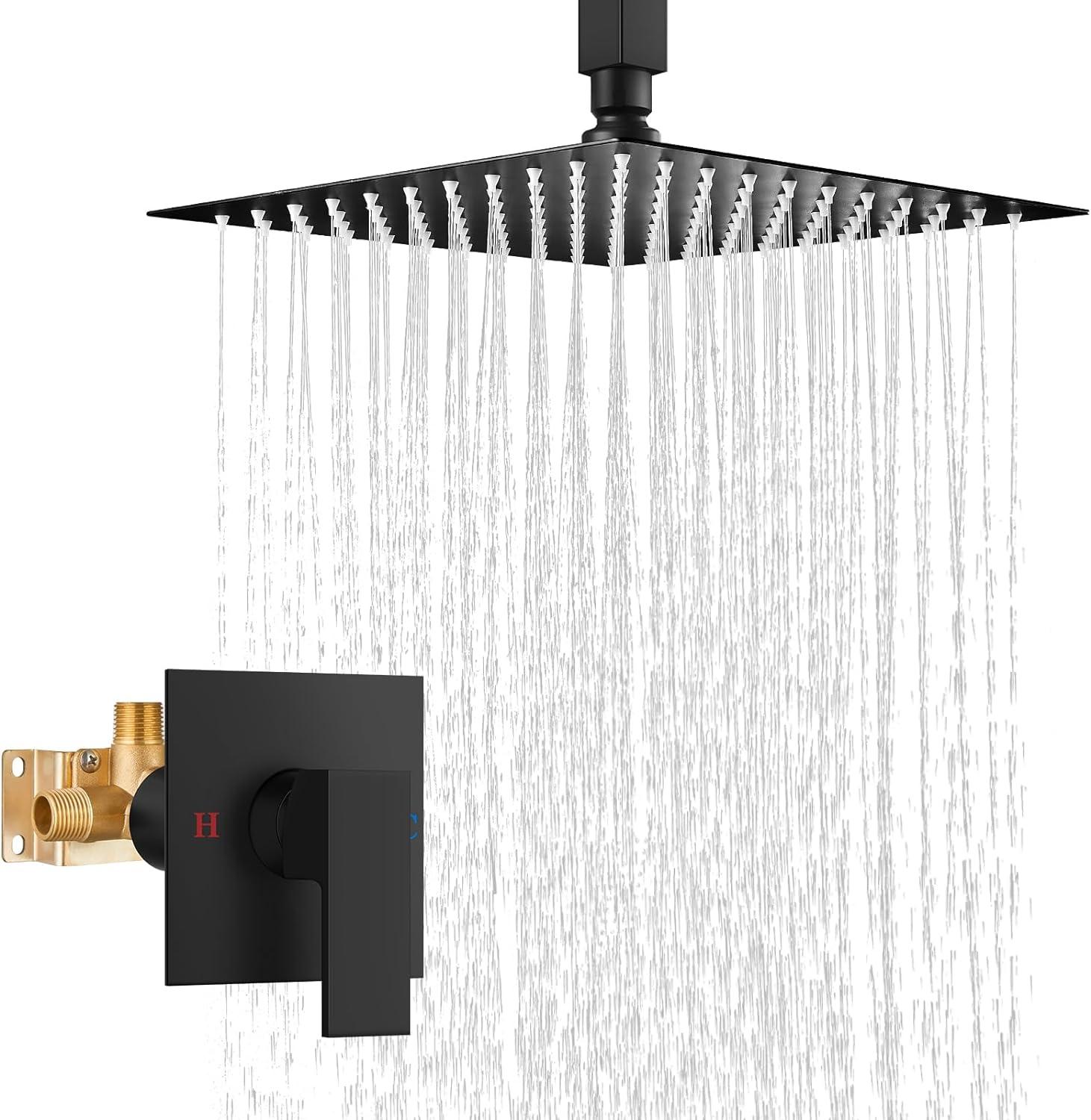 12" Ceiling Mounted Shower Head Pressure Balancing Rain Shower System with Rough-in Valve and Trim Kit