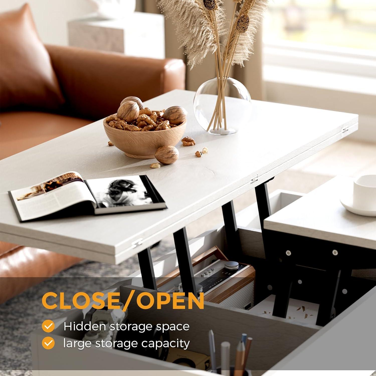 Lift Top Coffee Table, Ten Minute Install Table Center with Hidden Storage Compartments, Rising Tabletop Dining for Living Room，Walnut