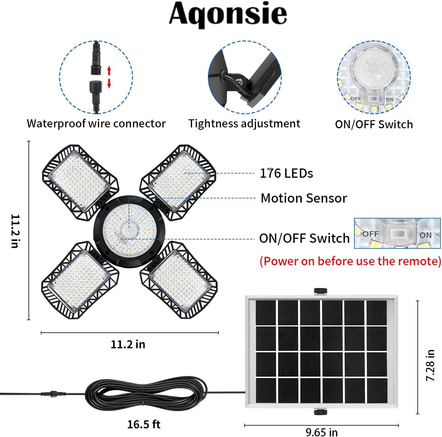 Aqonsie Solar Shed Light Outdoor Indoor, 176LED Solar Powered Motion Sensor Pendant Light Daytime Available, Solar Indoor Lights with 5 Lighting Modes & Remote for Shed Gazebo Barn Garage Home