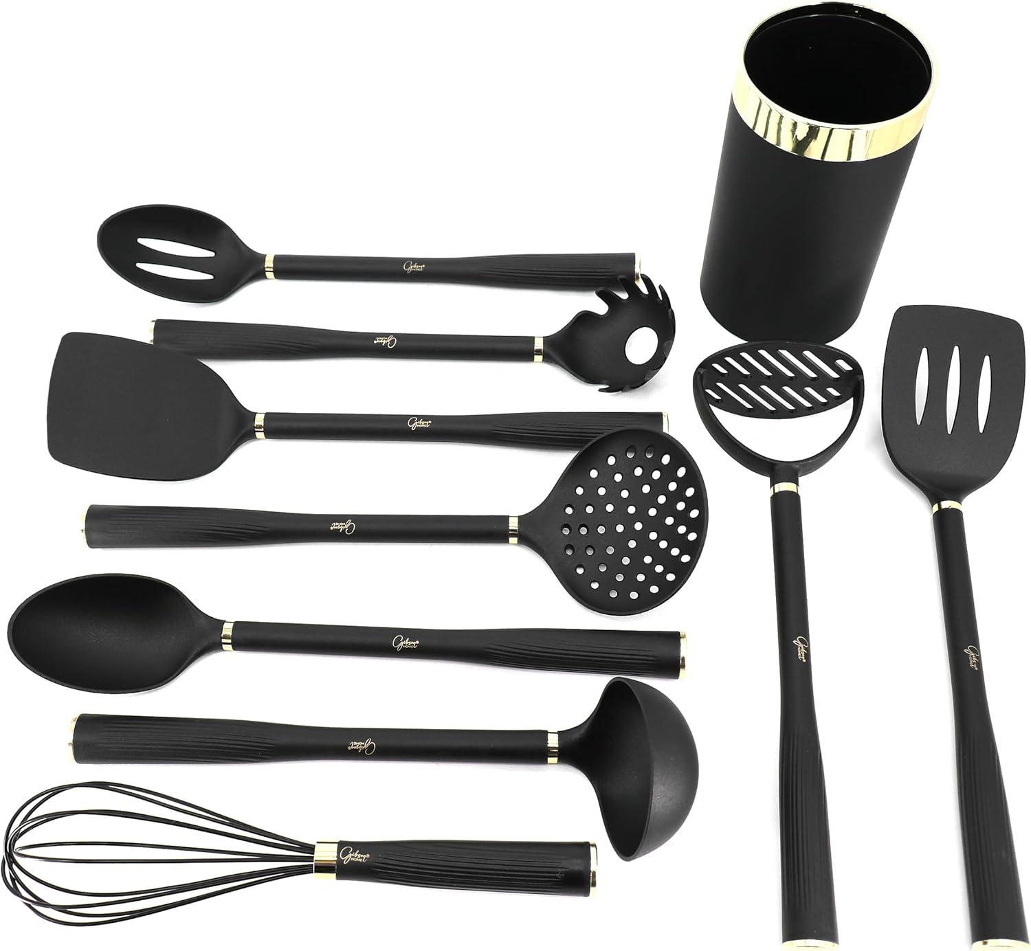 Black and Gold 10-Piece Nylon Kitchen Utensil Set with Crock