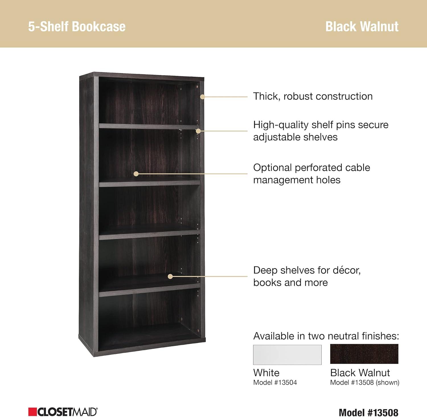 Adjustable Black Walnut 5-Tier Laminated Bookshelf