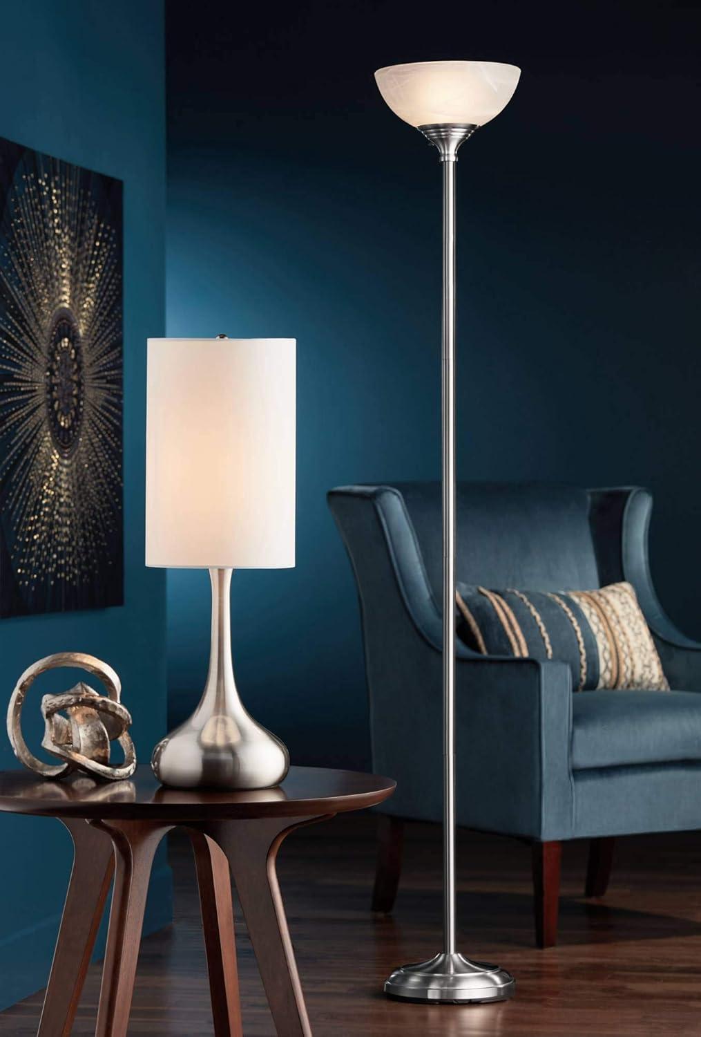 360 Lighting Maddox Modern Torchiere Floor Lamp 71" Tall Satin Nickel Silver Metal Alabaster Glass Shade for Living Room Bedroom Office House Home