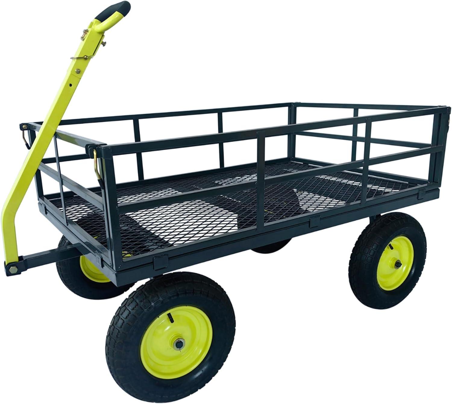 Yard Tuff Jumbo Wagon Heavy Duty Steel Mesh Deck Utility Outdoor Yard Cart, 1400 Capacity Haul with Large Stable Tires, 34 x 52 Inch, Gray/Green