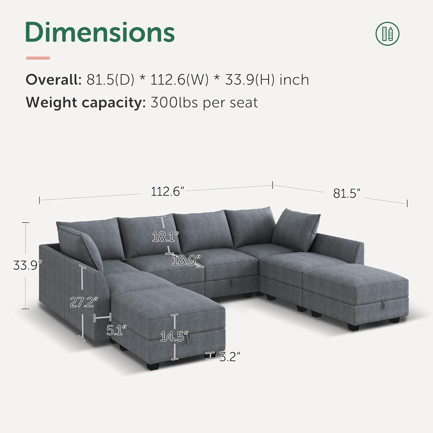 HONBAY Modular Sectional Sofa with Reversible Chaises Sofa with Ottomans U Shaped Sectional Couch for Living Room, Bluish Grey