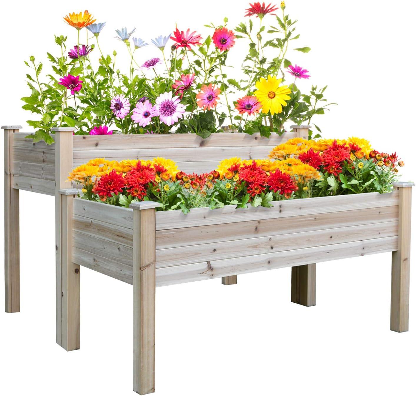 Outsunny 2 Tier Raised Garden Bed, Elevated Wooden Planter Box, Natural