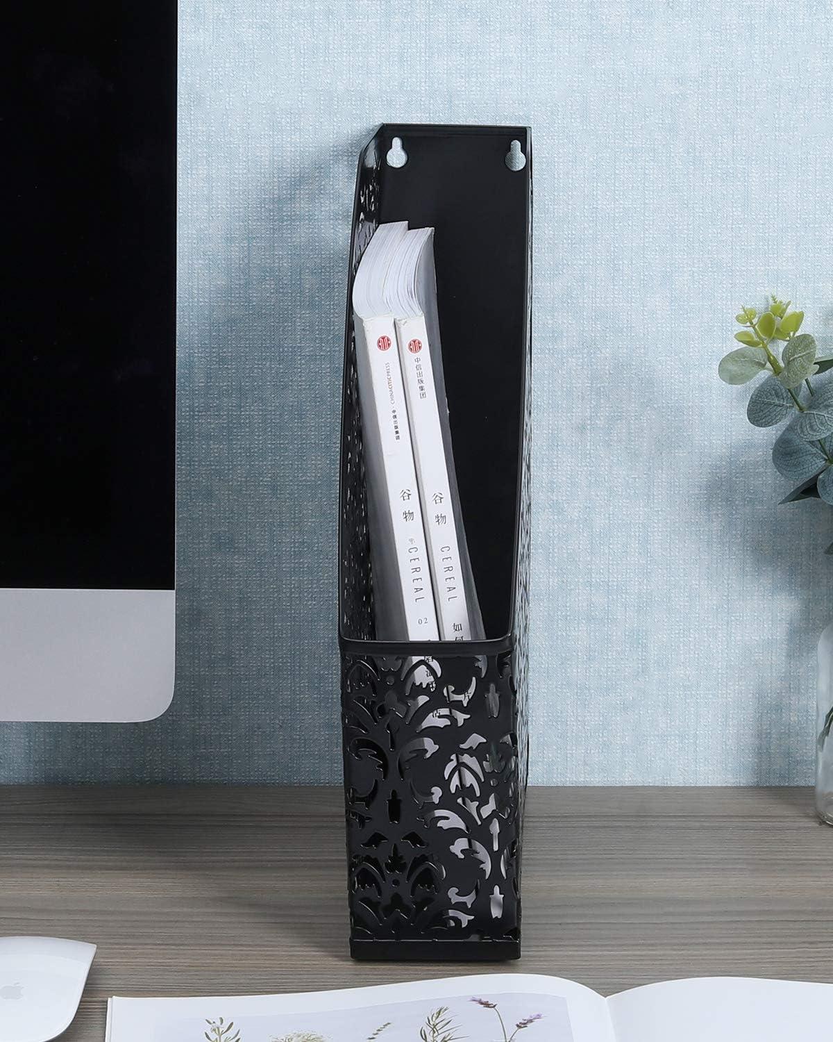 EasyAPG Heavy Duty Metal Magazine File Holder - Carved Hollow Flower Pattern Design, No Assembly Desk Organizer for Legal Size Files, Home Office Storage Rack, Black