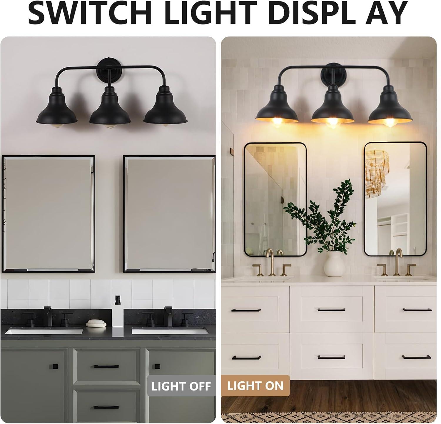 Farmhouse 25.25 in. 3-Light Black Vanity Light with Black Metal Shades