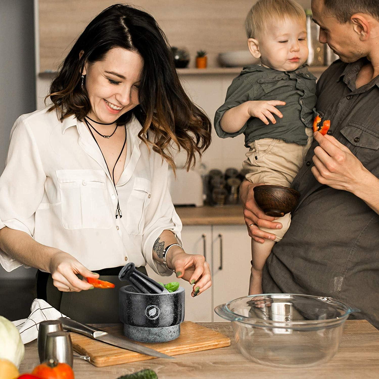 Mortar and Pestle Large Set - Laevo Black Granite Stone Spice Grinder, 2.1 Cup Capacity, 5.5 Inches - Reversible Molcajete Mexicano - Guacamole, Spices - Large Mortar and Pestles Set