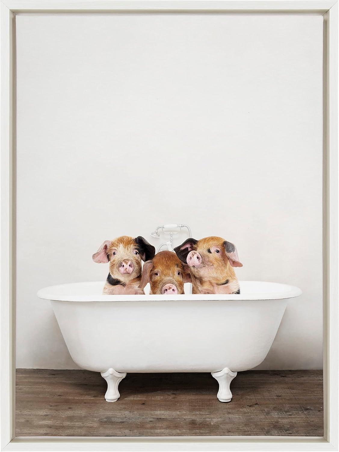 Kate and Laurel Sylvie Three Little Pigs In Vintage Bathtub Framed Canvas by Amy Peterson Art Studio, 18x24, White