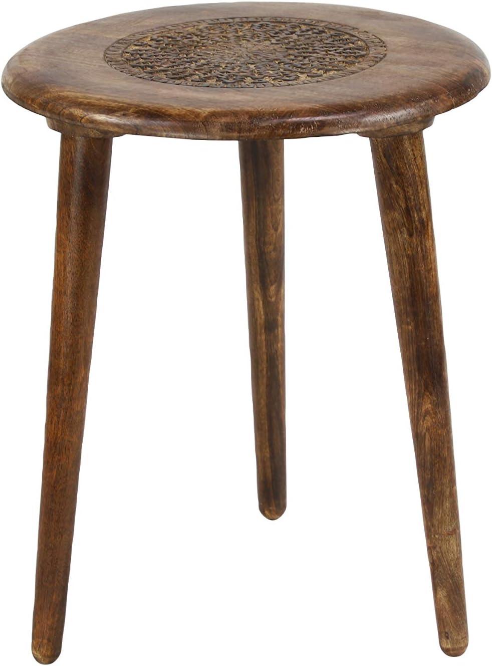 Handcrafted Dark Brown Mango Wood Floral Carved Round Accent Table