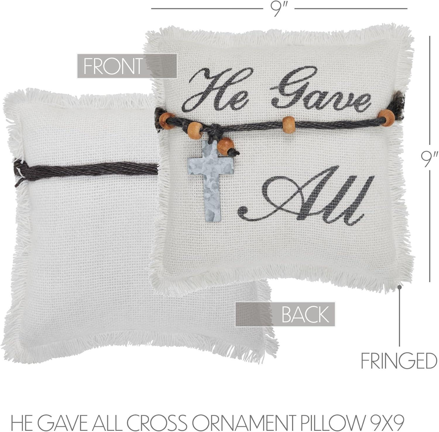 Antique White Cotton Burlap Square Pillow with Galvanized Cross