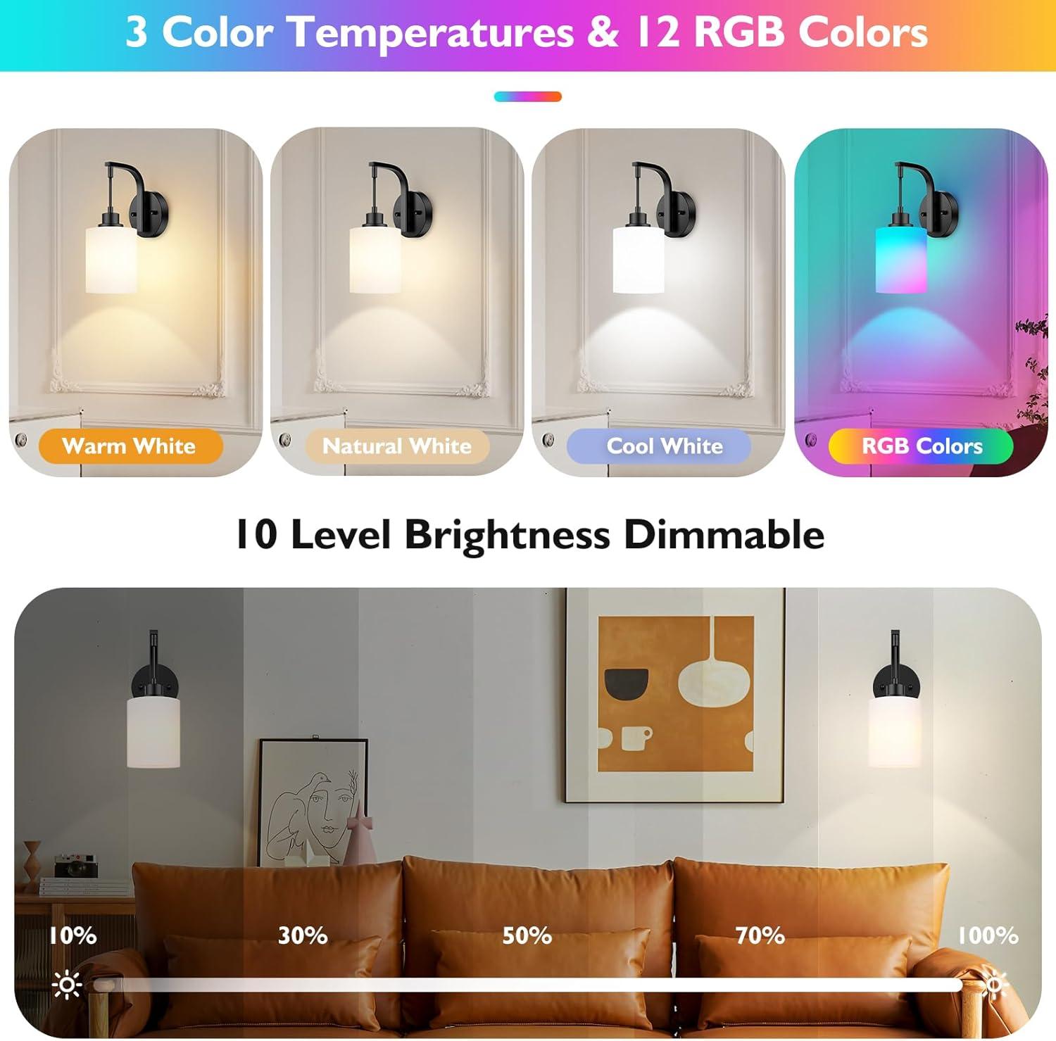 Latitude Run® Battery Operated Wall Sconce Set Of 2, Wireless Rechargeable Wall Lights, Glass Wall Lamps With Remotes And Dimmable RGB LED Bulbs, No Wiring Indoor Sconces Wall Decor For Bedroom Living Room Hallway