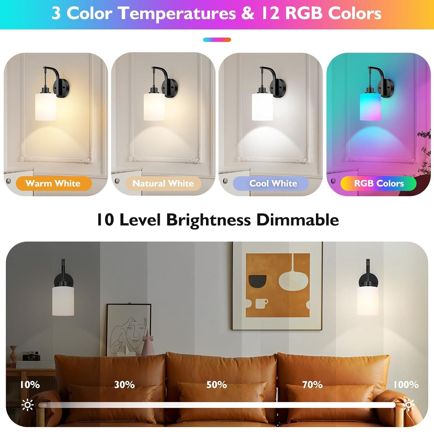 Latitude Run® Battery Operated Wall Sconce Set Of 2, Wireless Rechargeable Wall Lights, Glass Wall Lamps With Remotes And Dimmable RGB LED Bulbs, No Wiring Indoor Sconces Wall Decor For Bedroom Living Room Hallway