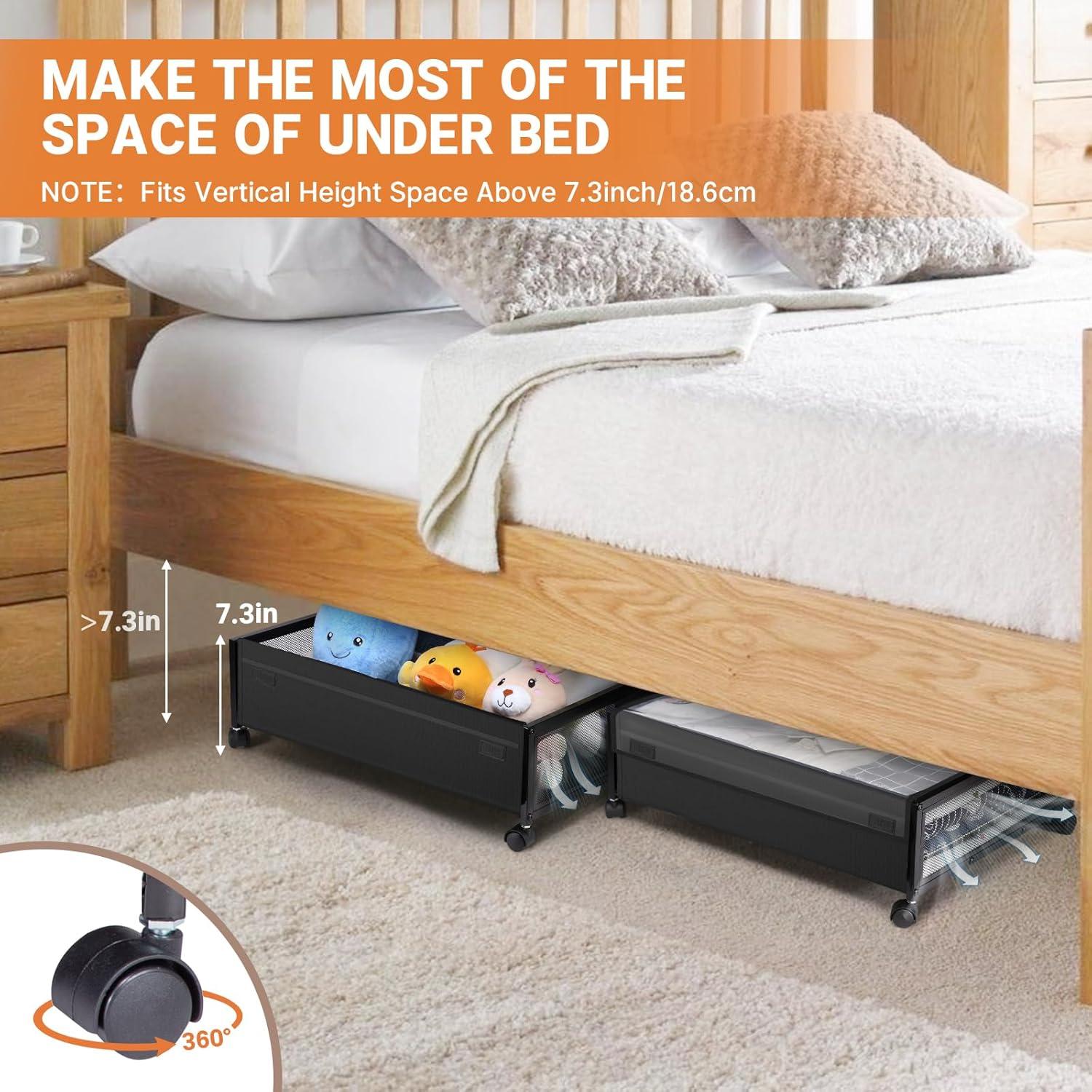 Black Fabric Under Bed Storage with Wheels and Lid