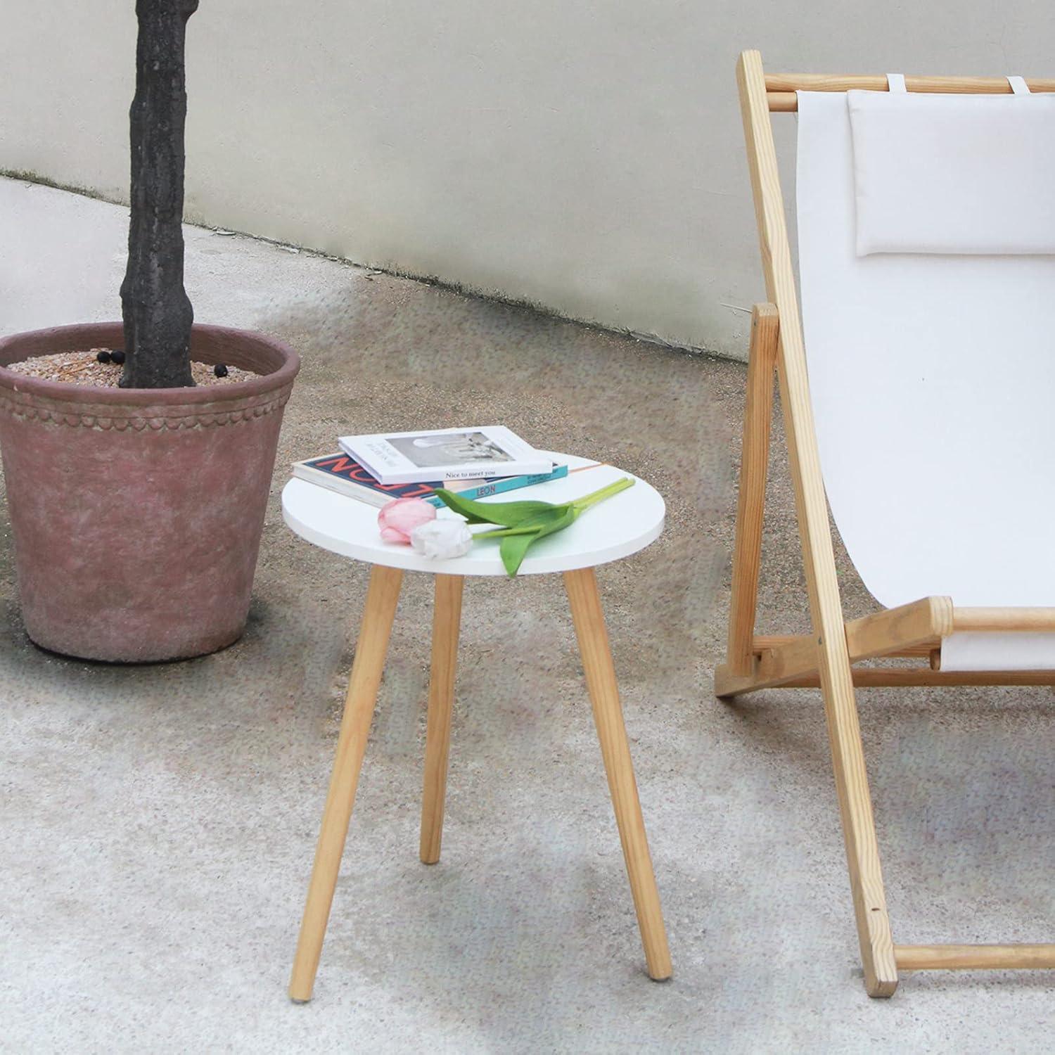 White Round MDF Side Table with Wooden Legs