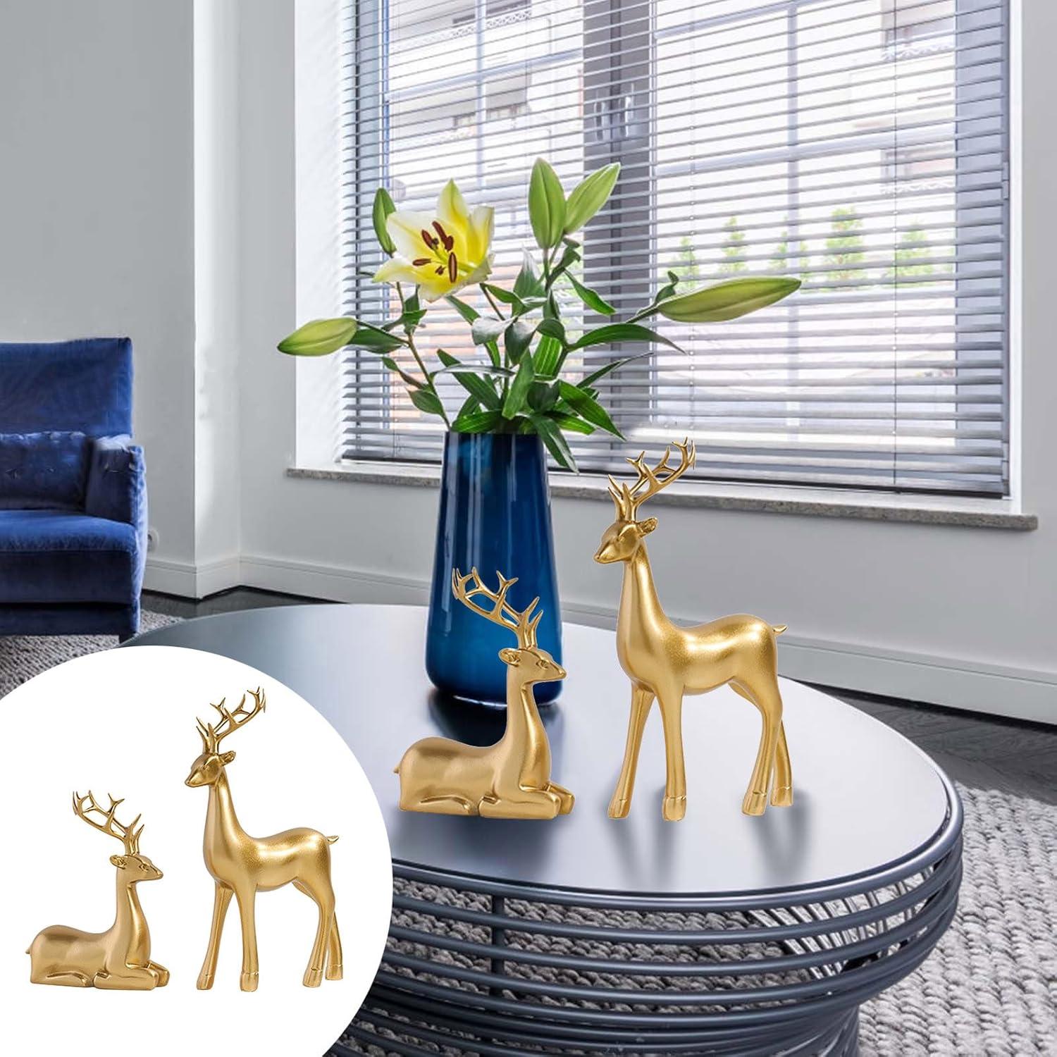 Kedshhgu 2 Pcs Small Reindeer Sculpture Resin Christmas Reindeer Elk Mini Xmas Deer Statue Animal Table Centerpiece for Home Living Room Office Decor