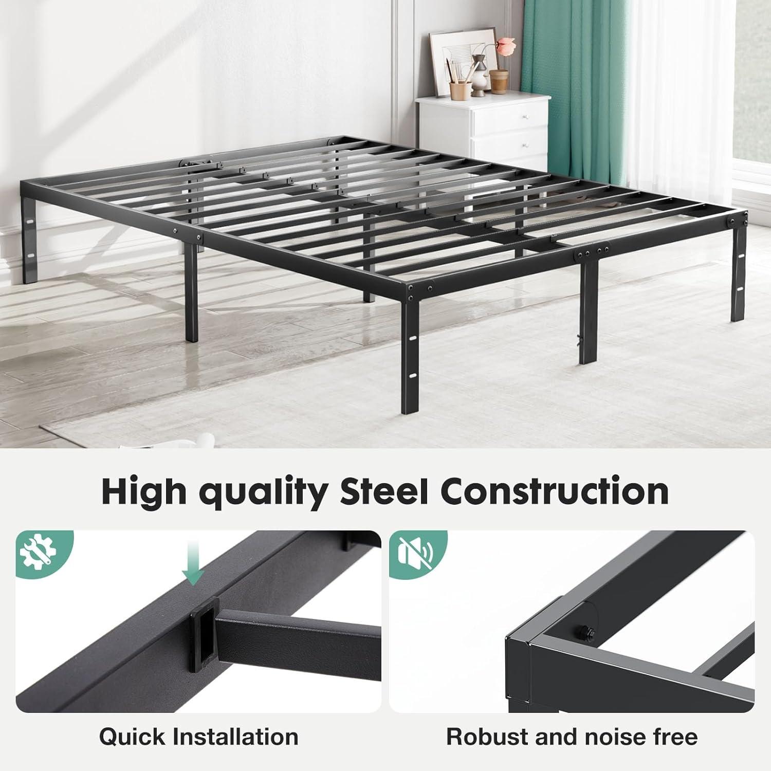 Queen Size Black Metal Bed Frame with Storage and Slats