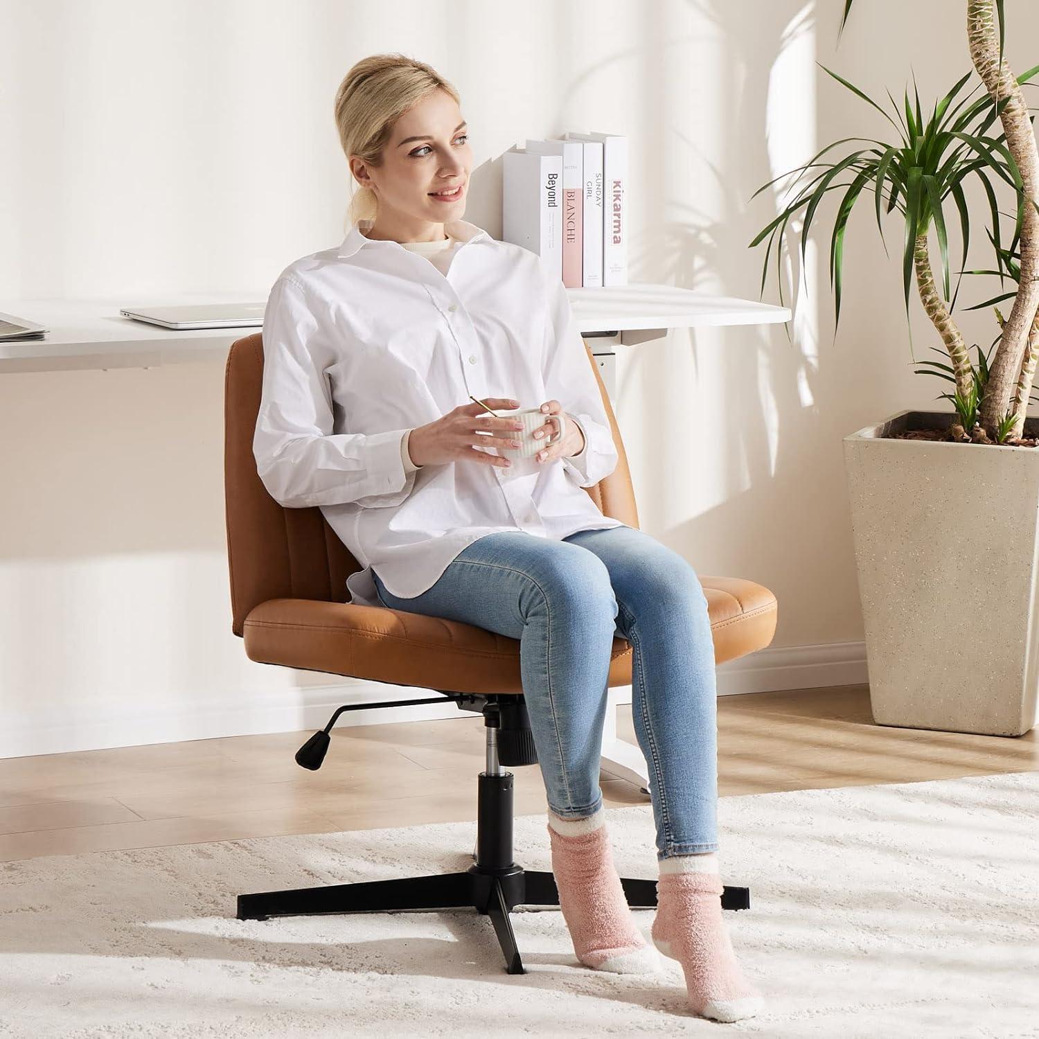 Armless Brown Leather Swivel Office Chair with Metal Frame