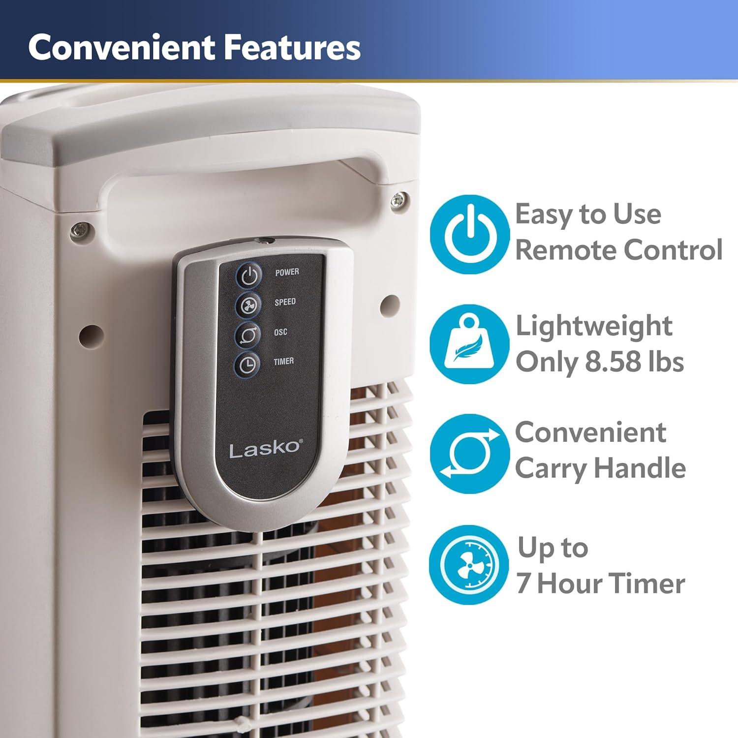 Lasko 36" H 3-Speed Oscillating Tower Fan with Timer and Remote Control, White, 2510, New