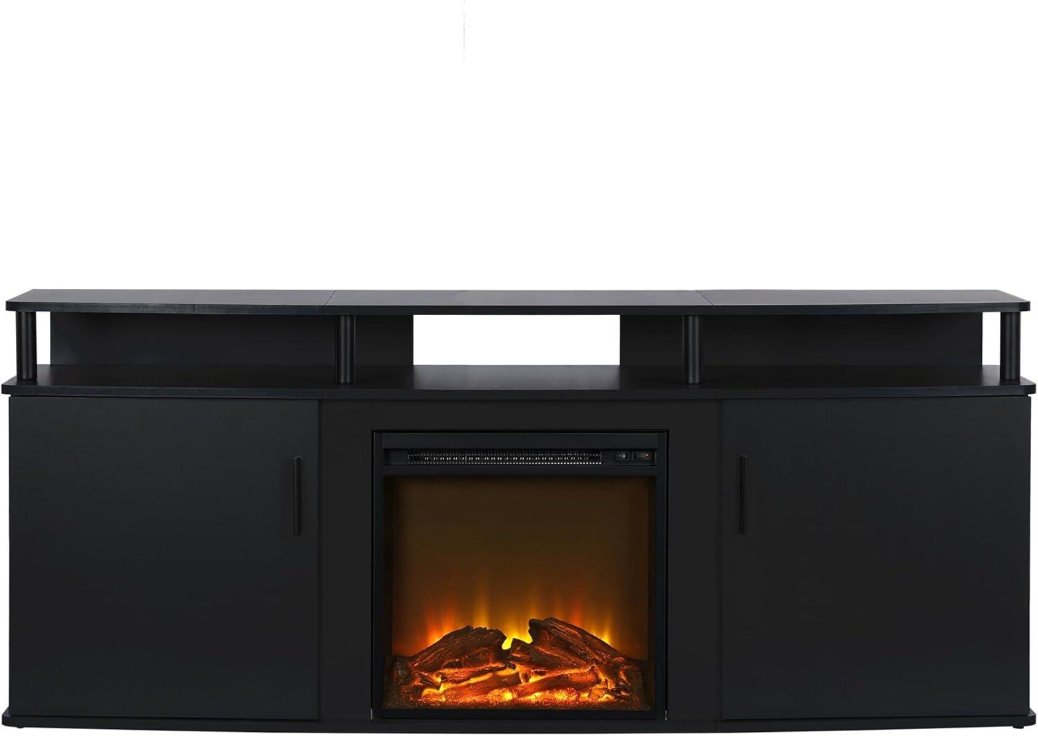 Black 70-Inch TV Stand with Electric Fireplace and Cabinets