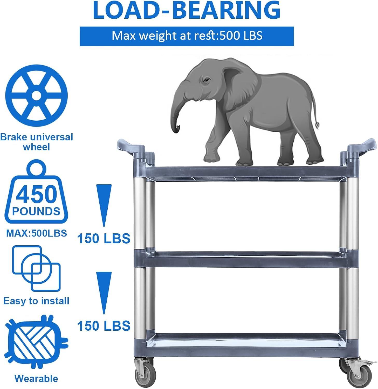 3-Tier Plastic Service Utility Cart With Wheels, Heavy Duty 3-Shelf Rolling Push Cart for Home, Restaurant, Office, Foodservice, Kitchen, Hotel, Commercial, Party - Grey