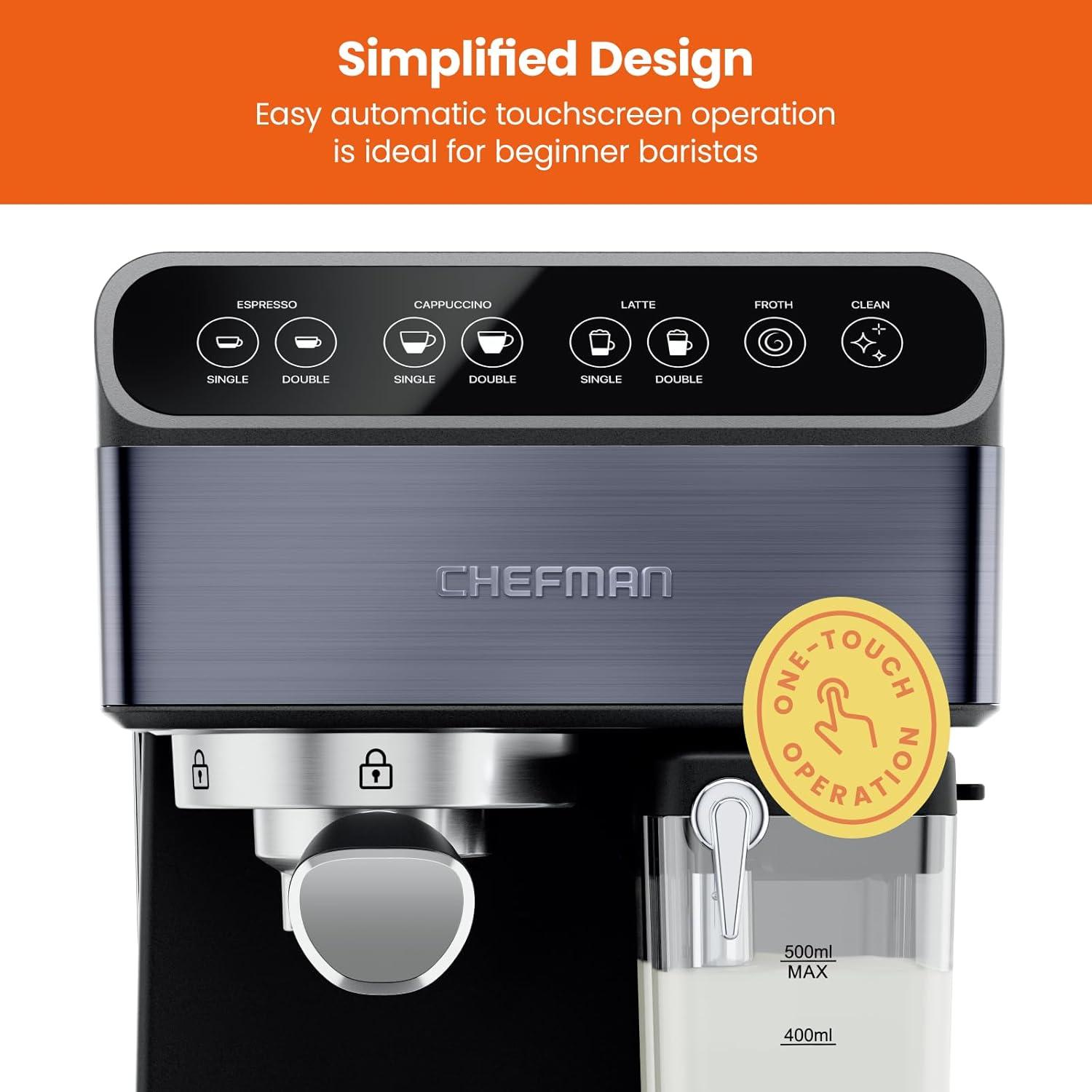 Chefman Barista Pro Plus Espresso Machine w/ Milk Frother, 20 Bar Pump, Black Stainless Steel