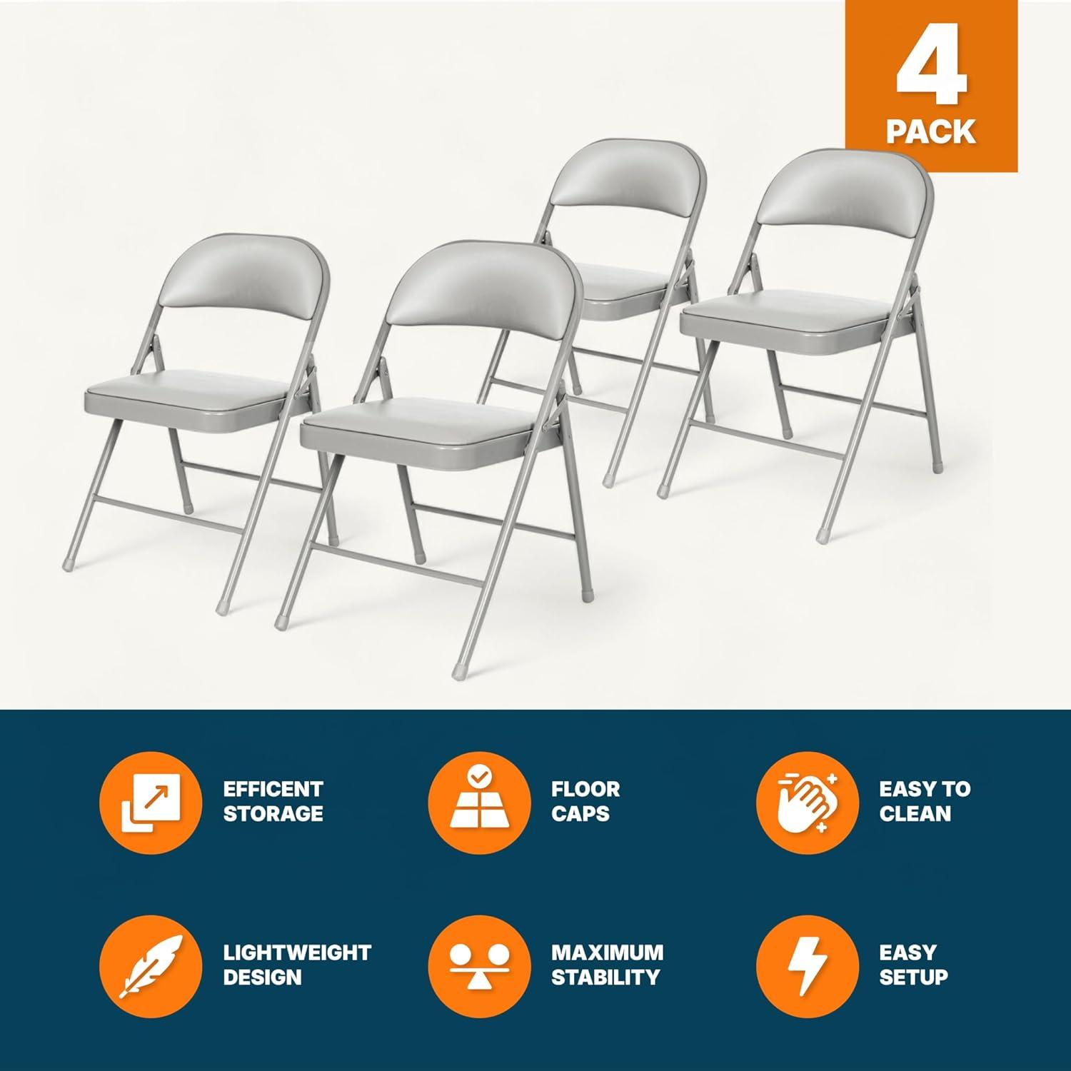 Folding Chairs with Padded Cushion and Back, 4pcs Potable Iron & PVC Durable Chairs for Indoor and Outdoor, School, Office and Garden Party, Gray