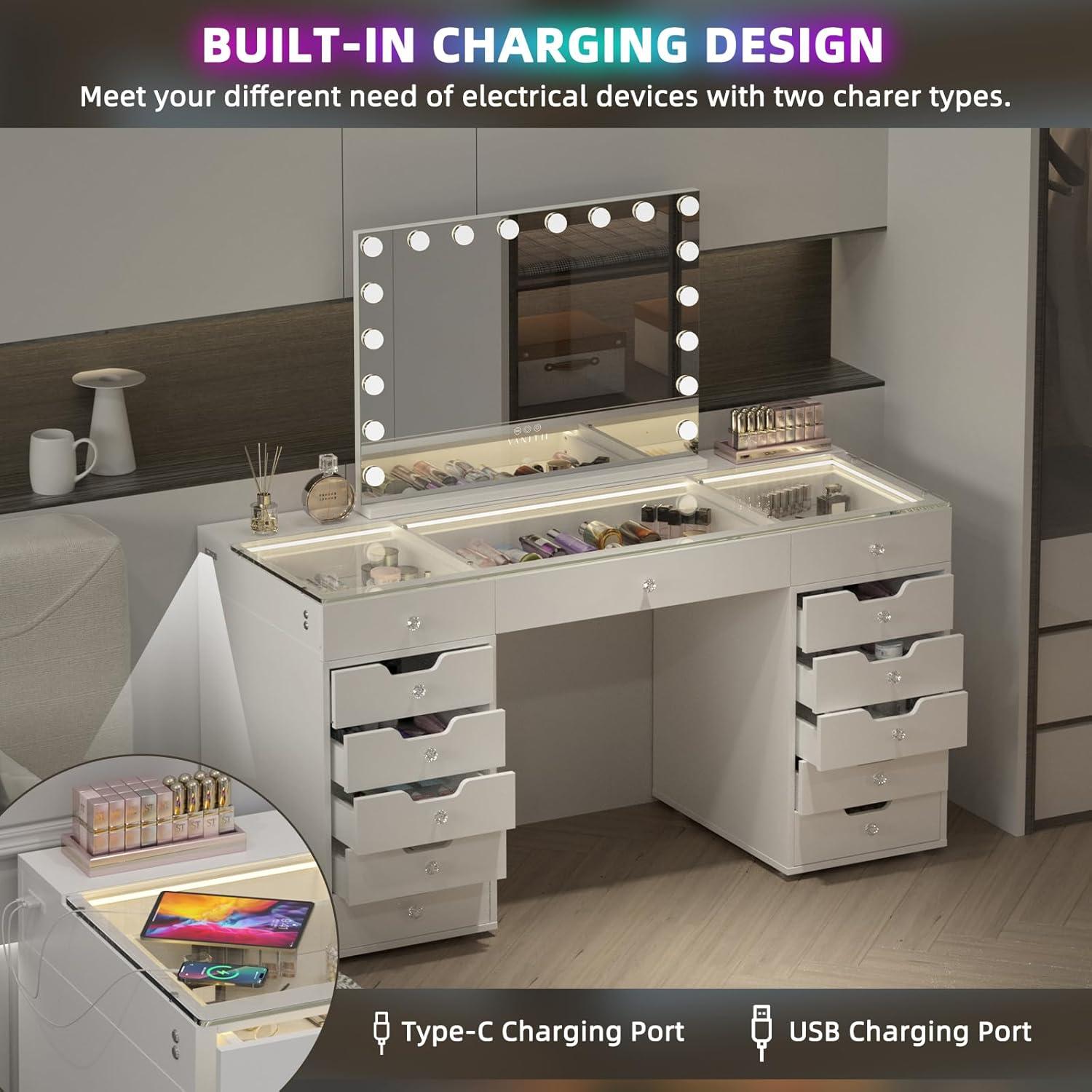 White 60" Vanity Desk with 13 Drawers and LED Lighting