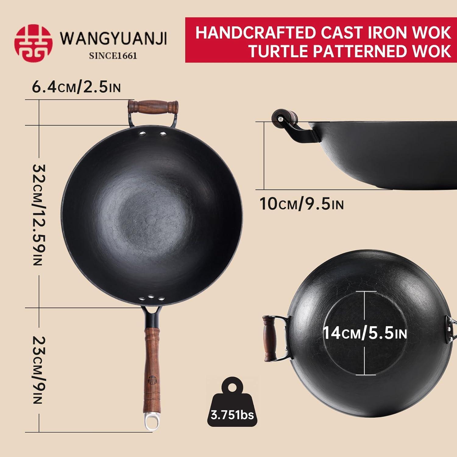 12.6" Handmade Cast Iron Wok - Wooden Lid & Handle, Flat Bottom Pan for All Stoves