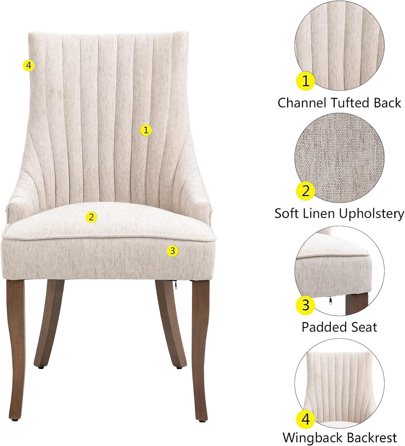 Beige High Back Linen Upholstered Side Chair with Wood Legs