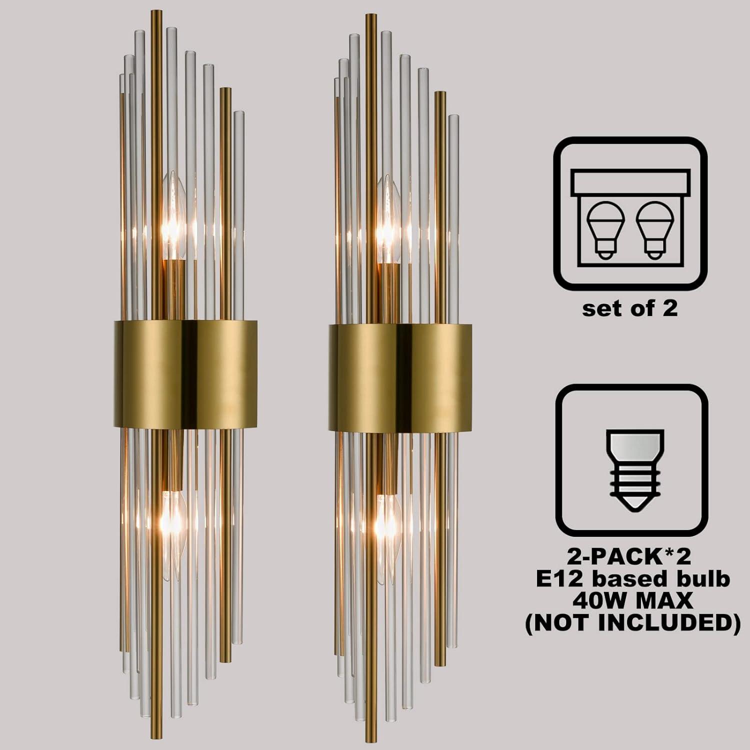 2-Light Modern Brushed Titanium Gold Wall Sconce with Clear Glass Crystal