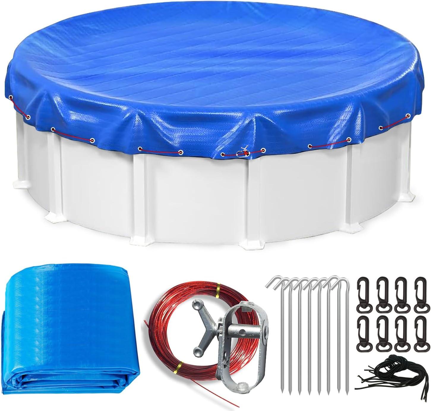 24ft Round Blue Above Ground Pool Cover with Steel Cable