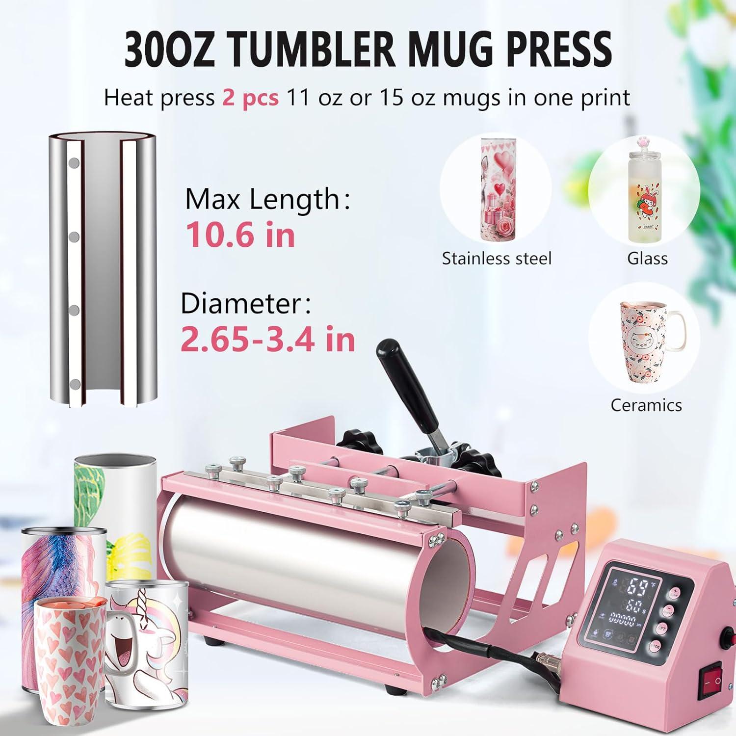 Pink 15x15 Inch 5-in-1 Heat Press Machine with Tumbler Attachments