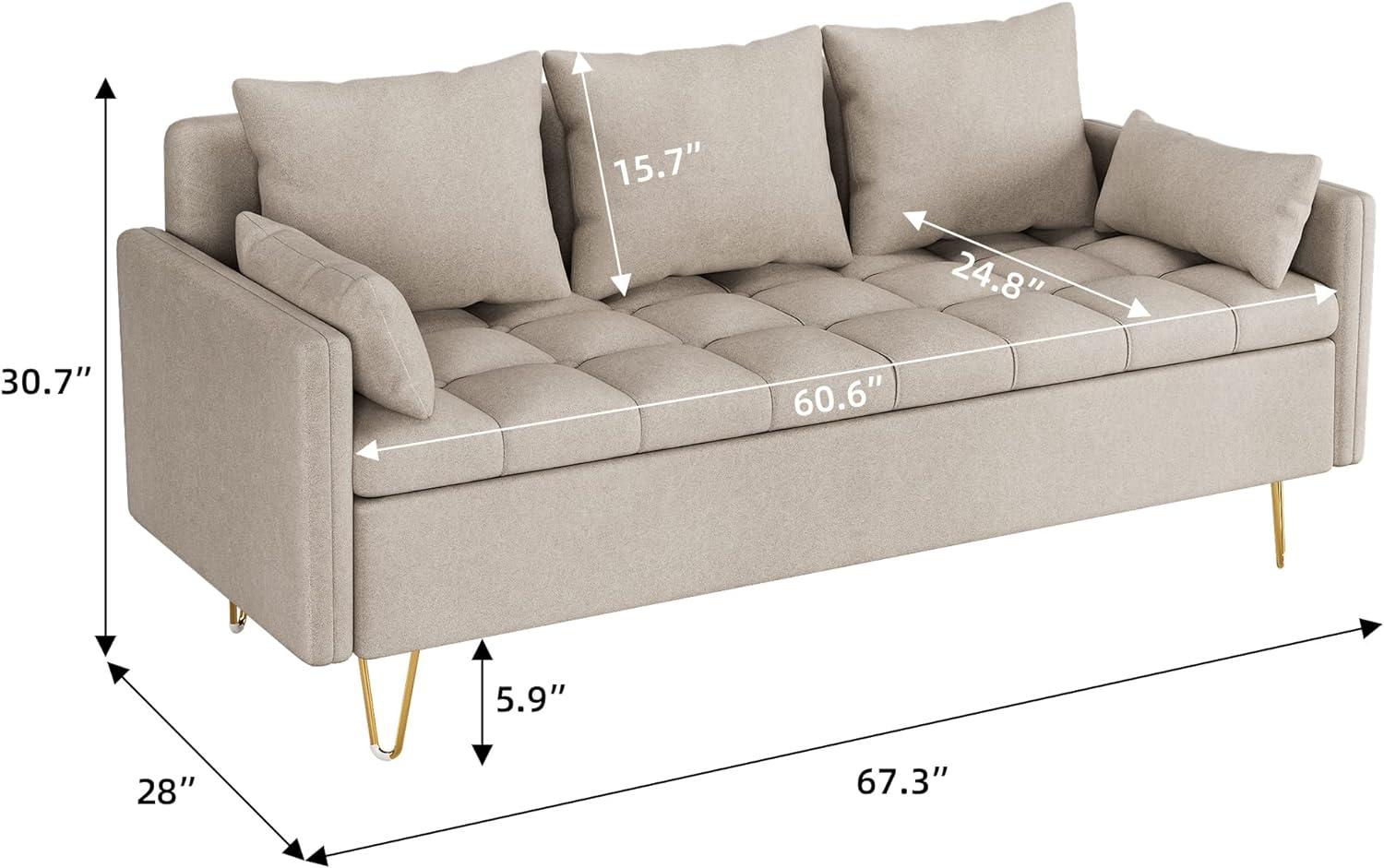 Beige Tufted Faux Leather Sofa with Storage and Gold Legs