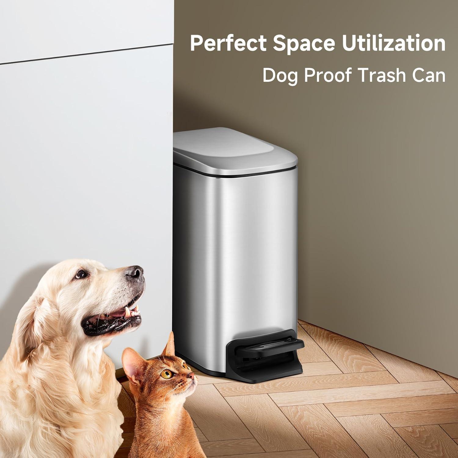 Slim Bathroom Trash Can with Lid Soft Close, 6 Liter / 1.6 Gallon Stainless Steel Garbage Can with Removable Inner Bucket, Step Pedal, Small Trash Cans for Bedroom, Office, Kitchen (Silver)