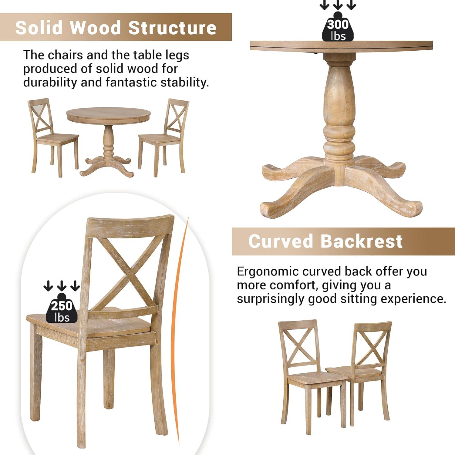 Natural Wood Round Dining Table Set with 4 Chairs