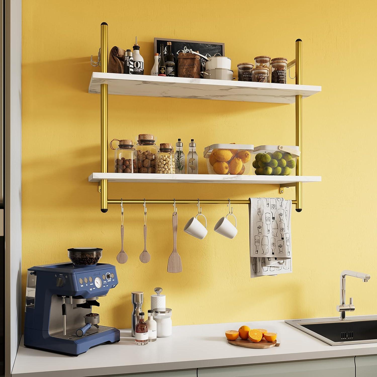 White Marble Floating Wall Shelf with Towel Bar and Hooks