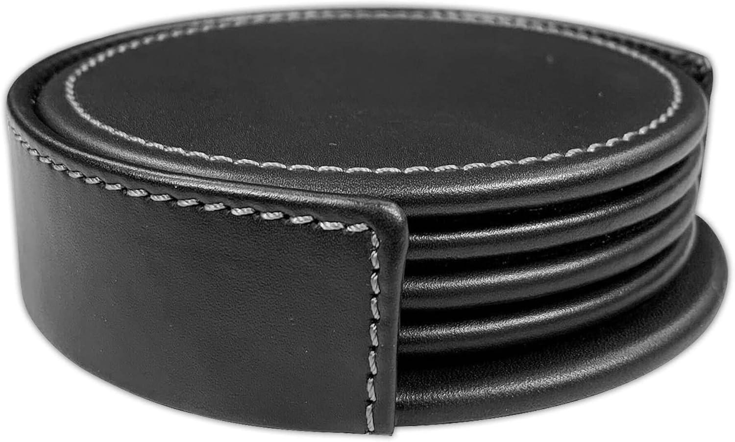 Rustic Black Leather 4-Round Coaster Set