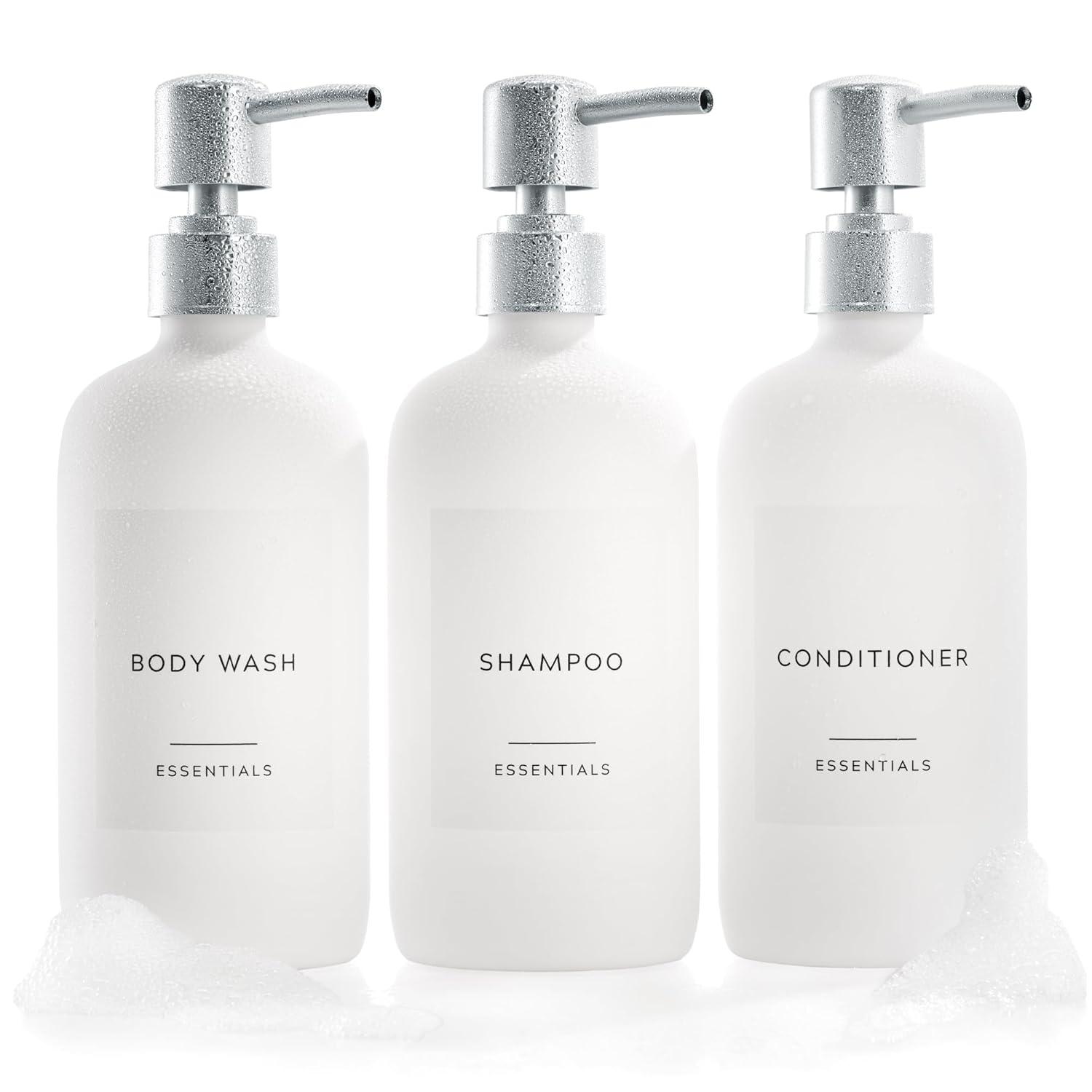 Stylish Shampoo and Conditioner Dispenser Set of 3 - Modern 21oz Shower Soap Bottles with Pump and Labels - Easy to Refill Body Wash Dispensers for an Instant Bathroom Decor Upgrade - White C31