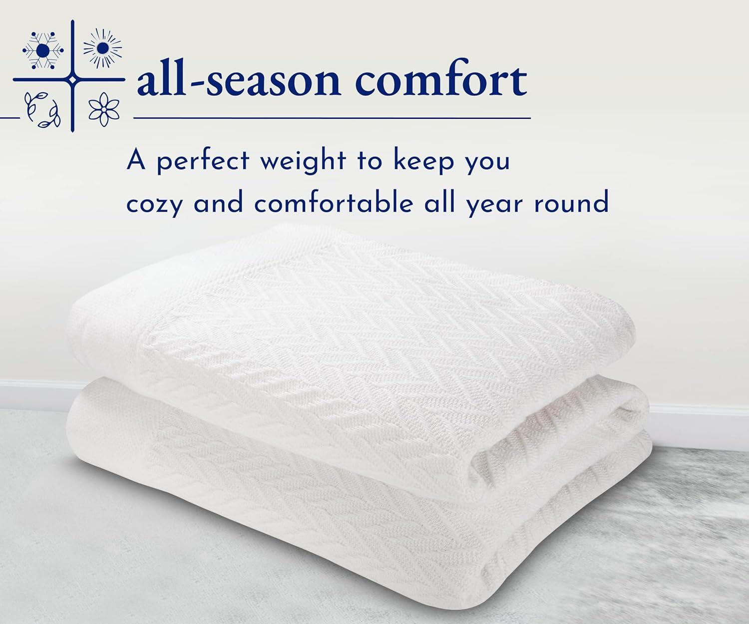 Bed Blanket | Soft 100% Cotton | Herringbone Design | All-Season Thermal Layering by California Design Den - Ivory, King (106" x 94")