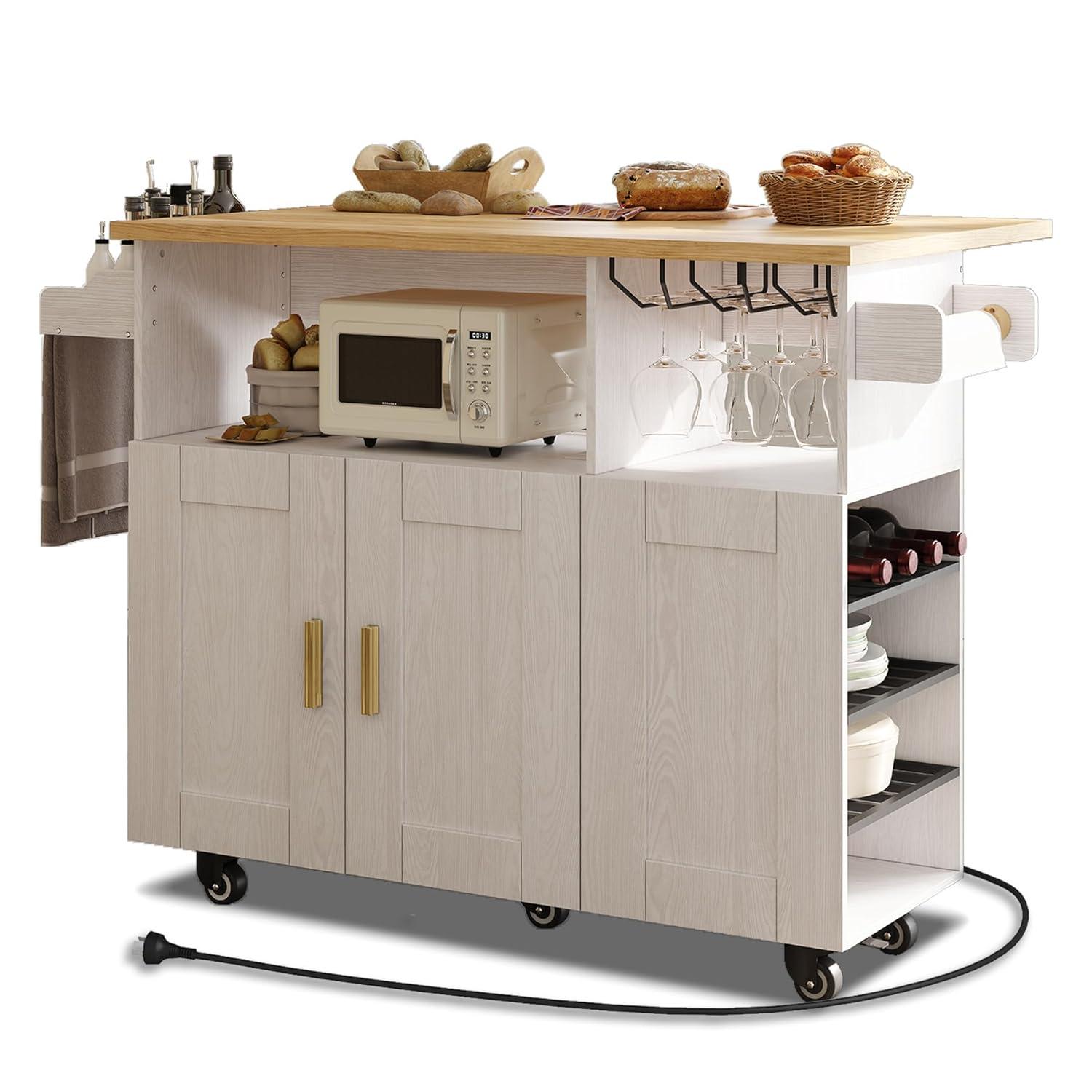 Gzxs Kitchen Island Cart with Rubber Wood Drop Leaf Countertop, Mobile Carts with 2-Doors Storage Cabinet, Rolling Kitchen Table with Spice Rack and Towel Rack, Dining Prep Table on Wheels, White