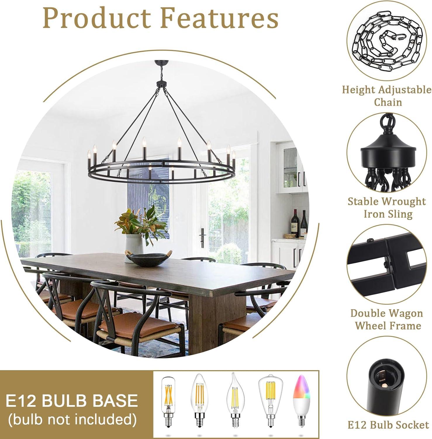 16-Lights Wagon Wheel Chandelier 47 Inch Black Farmhouse Chandelier Large Chandeliers for High Ceilings Round Modern Farmhouse Chandeliers Ceiling Light for Living Room Dining Room Foyer Entryway