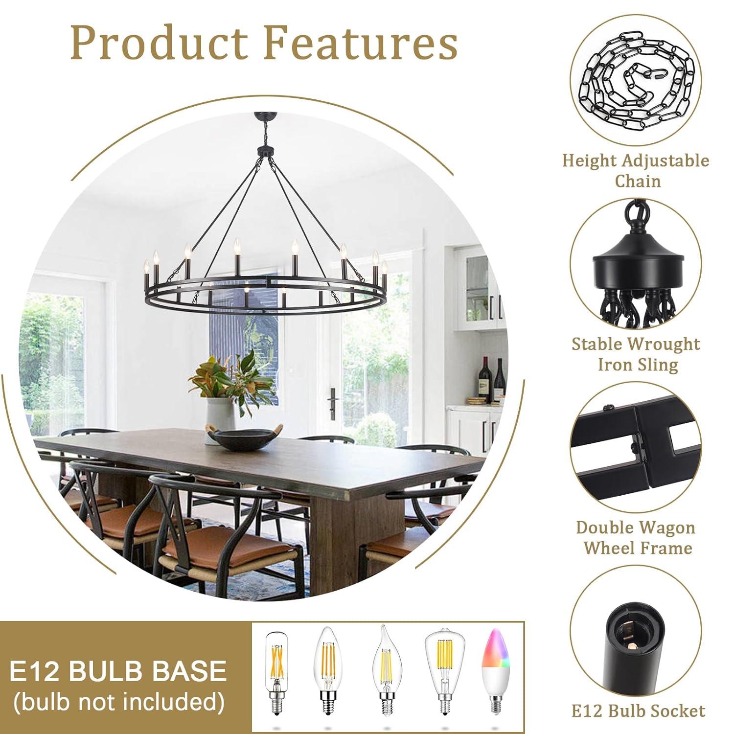 16-Lights Wagon Wheel Chandelier 47 Inch Black Farmhouse Chandelier Large Chandeliers for High Ceilings Round Modern Farmhouse Chandeliers Ceiling Light for Living Room Dining Room Foyer Entryway