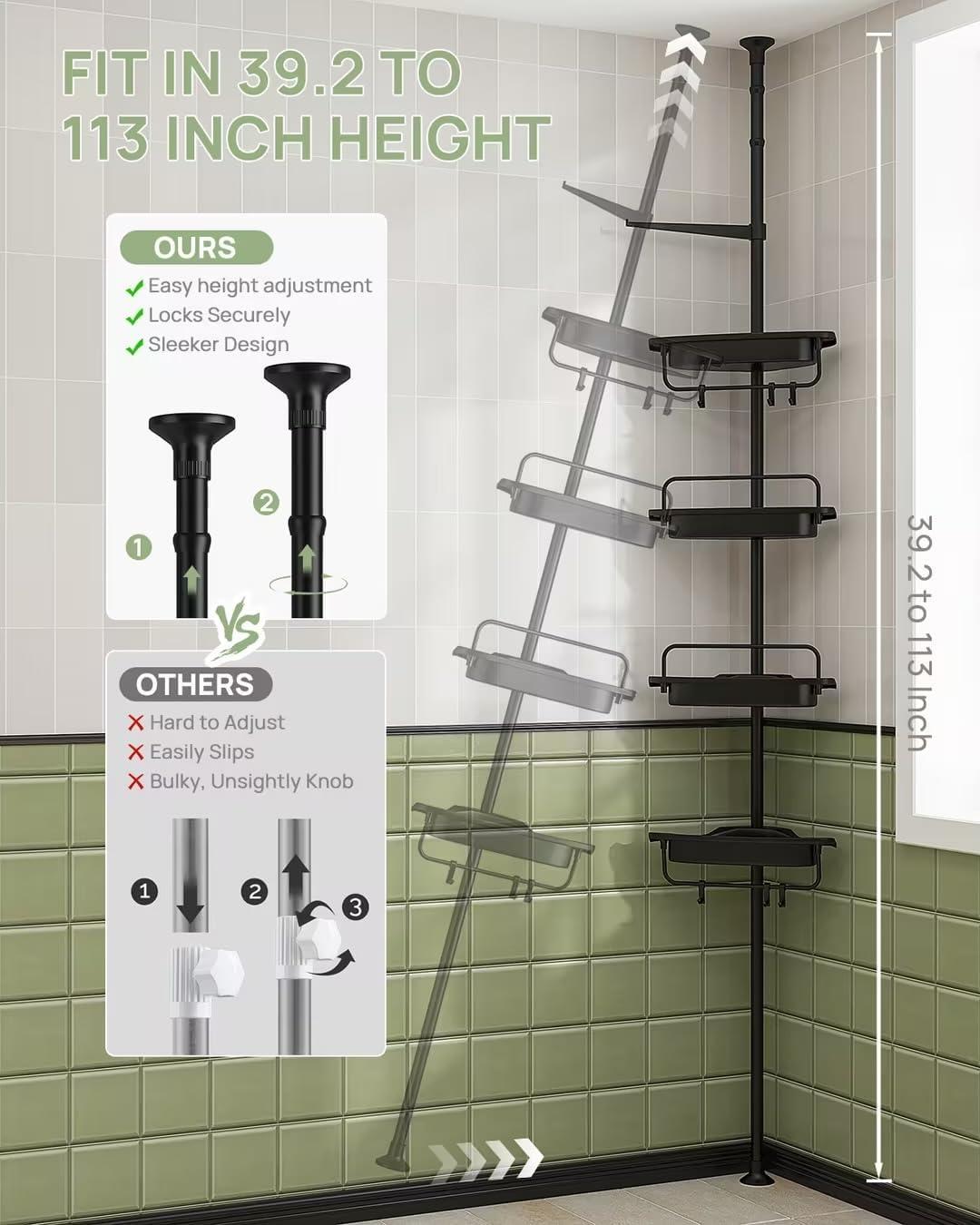 Black Bathroom Corner Caddy: Rustproof Organizer, 4-Tier Shelves, Adjustable Height 39.2 to 113 Inches